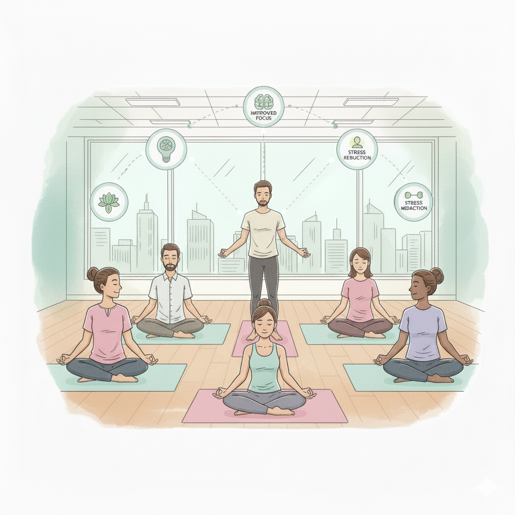Team of professionals participating in a corporate wellness Yoga session