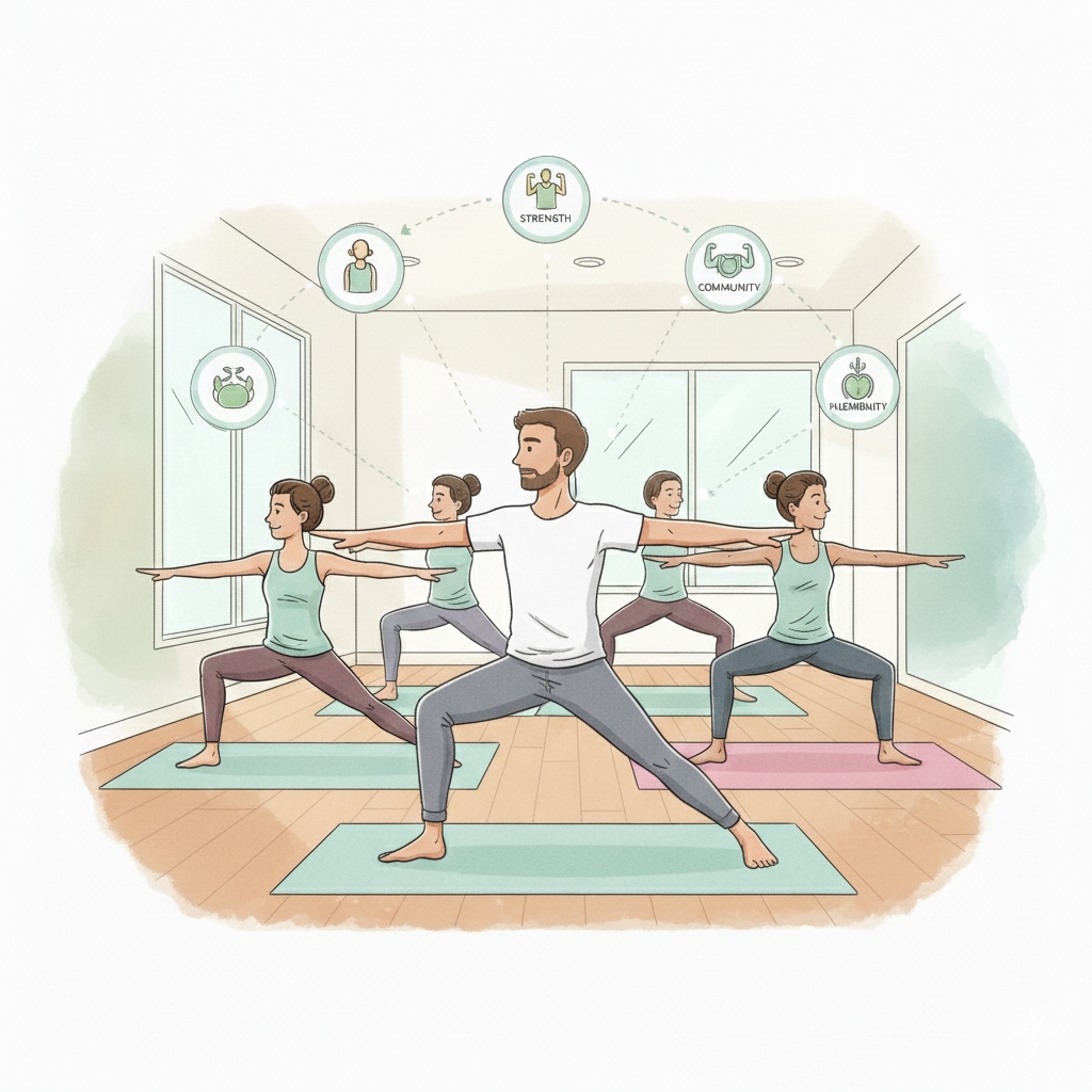 Diverse group of people in a bright, public Yoga class in San Jose